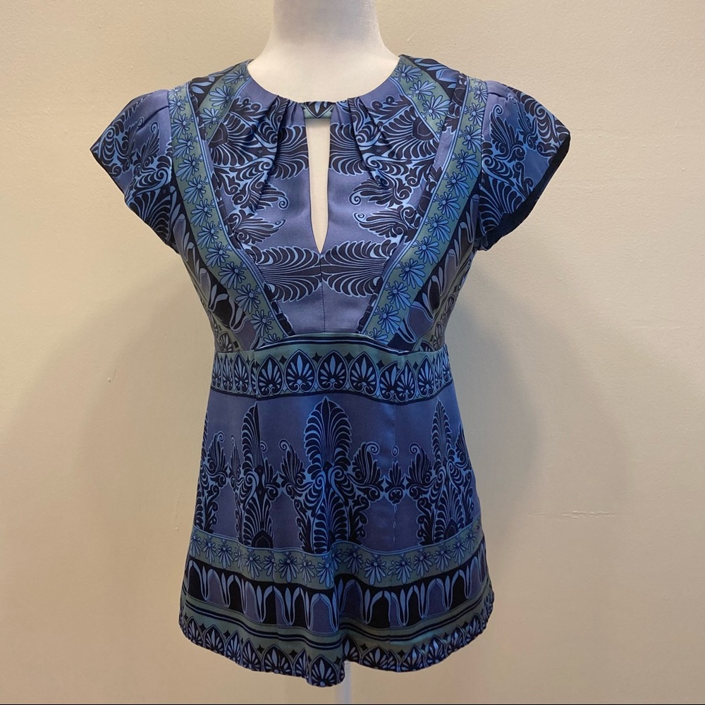 Nanette Lepore 100% Silk Top Keyhole Neckline Cutout Blue Green 4